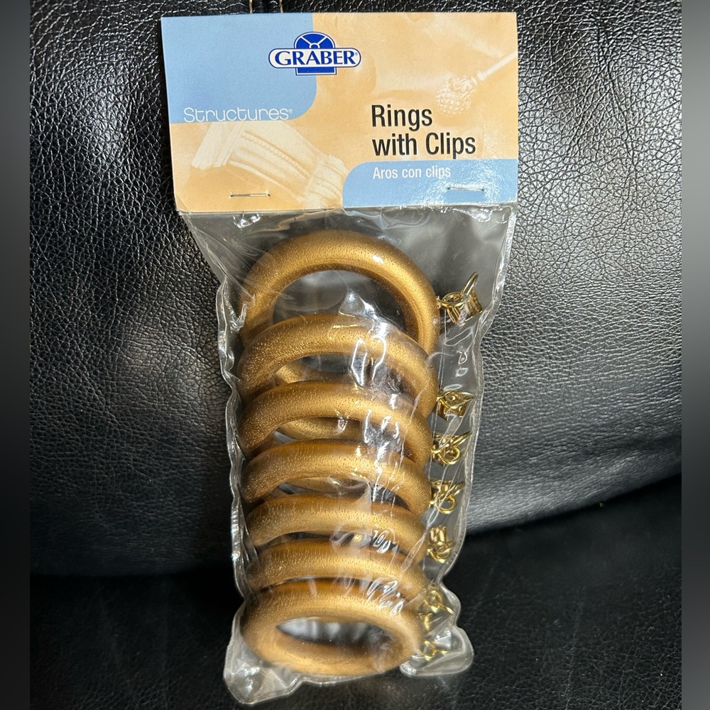 Set of 7 Graber Gold Wood Drapery 2 1/2” Pole‎ Rings with Clips